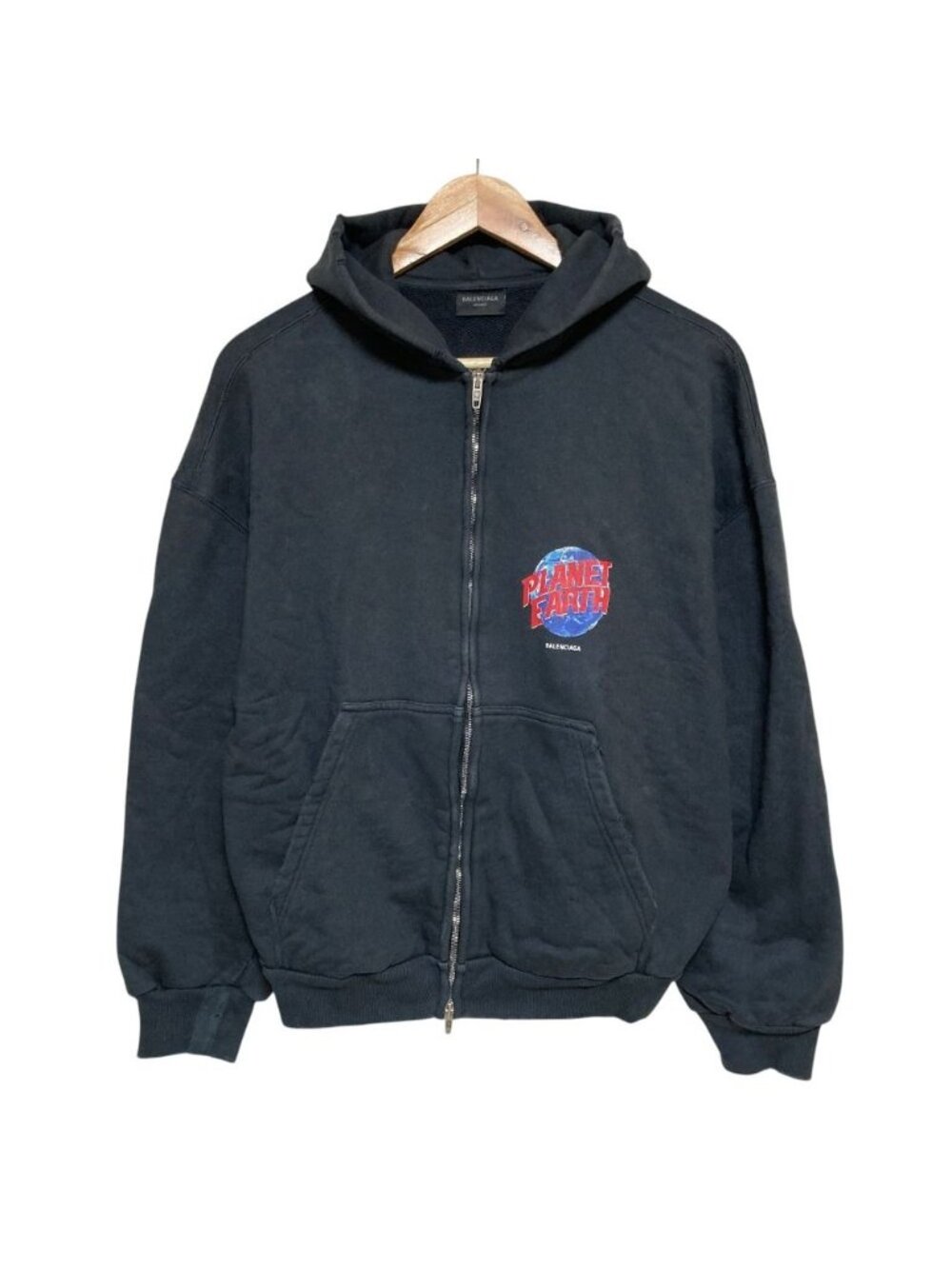 Balenciaga Planet Earth Distressed Print Zip Up Hoodie Black Spring Summer S